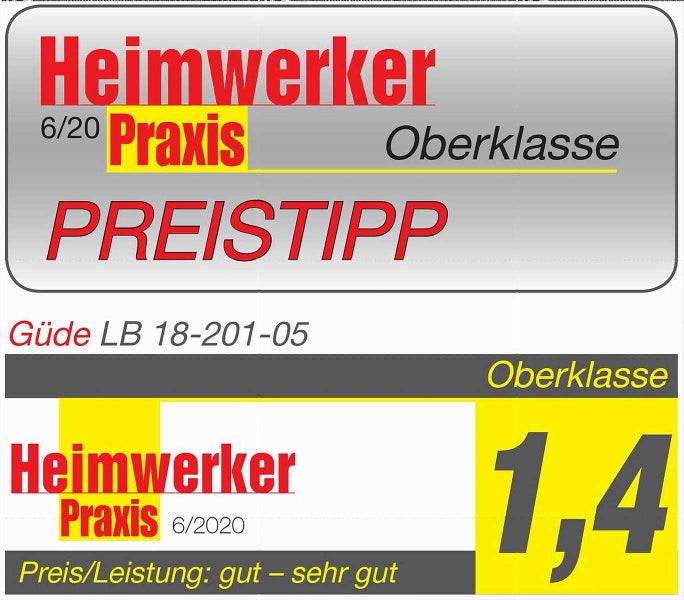 Testurteil Heimwerker Praxis 6/2020 Oberklasse Preis-Leistungs-Verhältnis gut bis sehr gut Note 1,4 für Güde LB 18-201-05