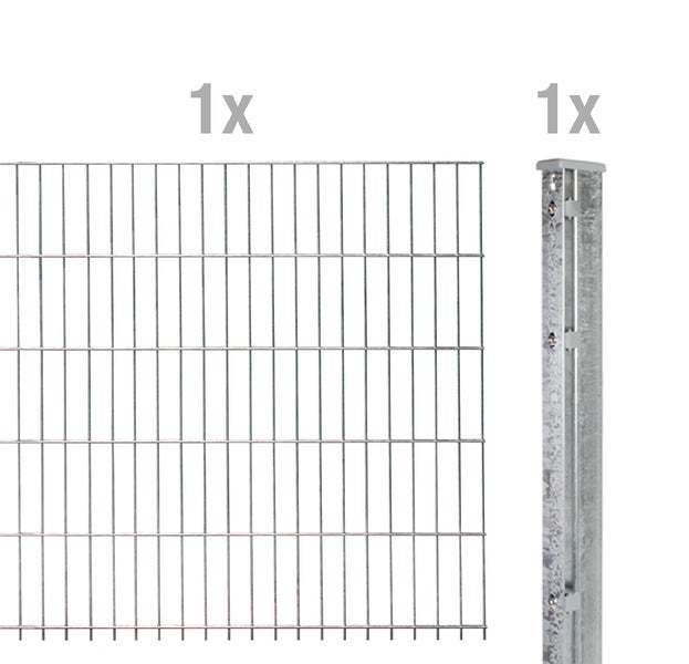 Ein verzinktes Doppelstabmattenzaun Element mit einem passenden Zaunpfosten als Set.