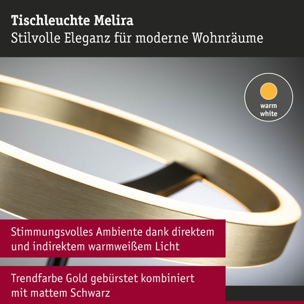 Tischleuchte Melira in Gold gebürstet mit warmweißem Licht für direkte und indirekte Beleuchtung.