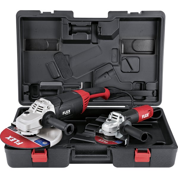 Winkelschleifer Set von FLEX im Kunststoffkoffer inklusive zwei Winkelschleifer mit Trennscheiben für diverse Schleif und Trennarbeiten.