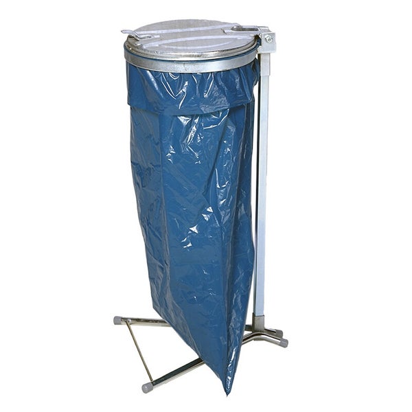 Müllsackständer aus Metall mit Deckel und blauem Müllsack.