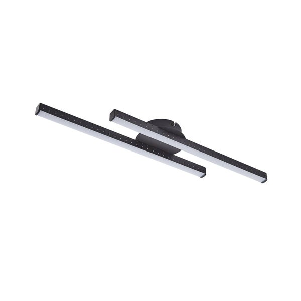 Moderne schwarze LED-Deckenleuchte mit zwei parallelen Lichtbalken und runder Basis.