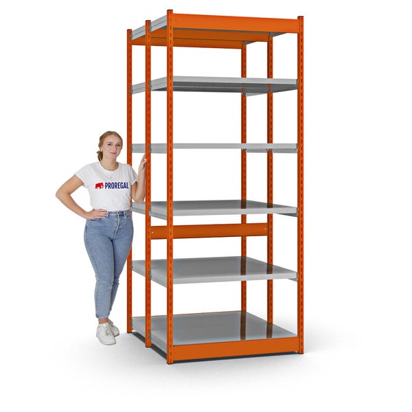 PROREGAL Fachbodenregal Stecksystem Vierkant-Profil Grundregal HxBxT 250 x 102,5 x 50 cm 2x6 Ebenen Doppelseitige Bauart Fachlast 200 kg Orange