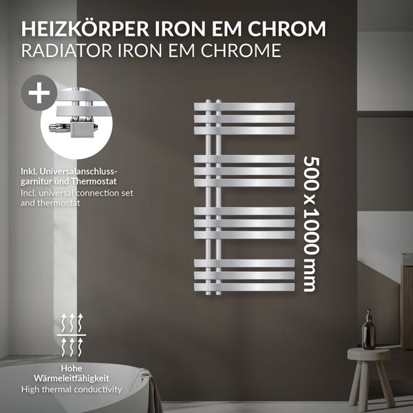 LuxeBath Badheizkörper Iron EM 500x1000 mm Chrom Mittelanschluss Anschlussgarnitur Thermostat Universal Eck- und Durchgangsform, Design Heizkörper Handtuchwärmer Handtuchtrockner Handtuchheizkörper