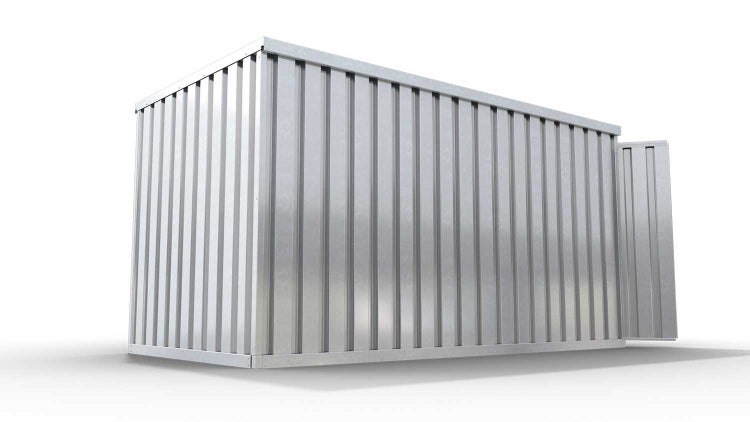 Lagercontainer Gerätehaus XXL  – 12 qm, H2150 x B6080 x T2170 mm, verzinkt, mit Holzfußboden, 1830 mm Doppelflügeltür mittig in Stirnseite, zerlegt