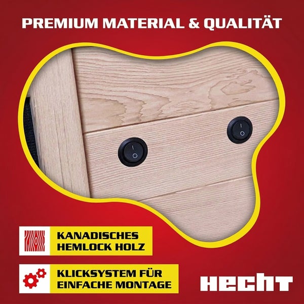 Nahaufnahme von kanadischem Hemlock-Holz mit zwei schwarzen Schaltern. Premium-Qualität und Klicksystem für einfache Montage. Hecht Logo.