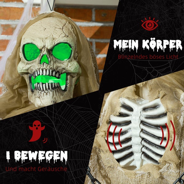 HOMCOM 183cm Halloween Dekoration Hängendes Skelett mit LED-Lichter, Soundfunktion, Haustür Deko mit verstellbare Arme, Garten Dekofigur in Lebensgröße für Party