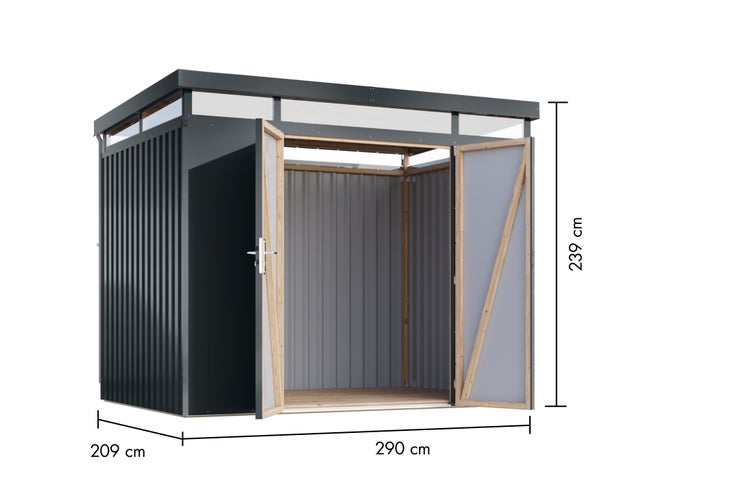Anthrazitfarbenes Gartenhaus aus Metall mit Flachdach, offenen Doppeltüren mit Holzrahmen, Maße 290 mal 209 mal 239 Zentimeter.