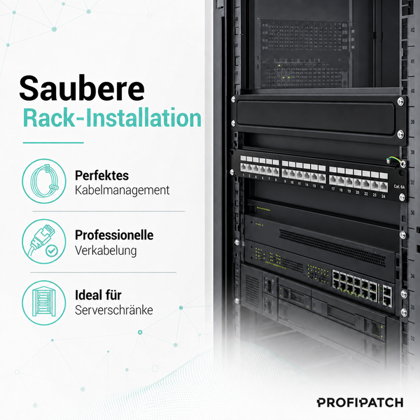 Saubere Rack-Installation in einem Serverschrank mit professioneller Verkabelung und Kabelmanagement, PROFIPATCH Logo.