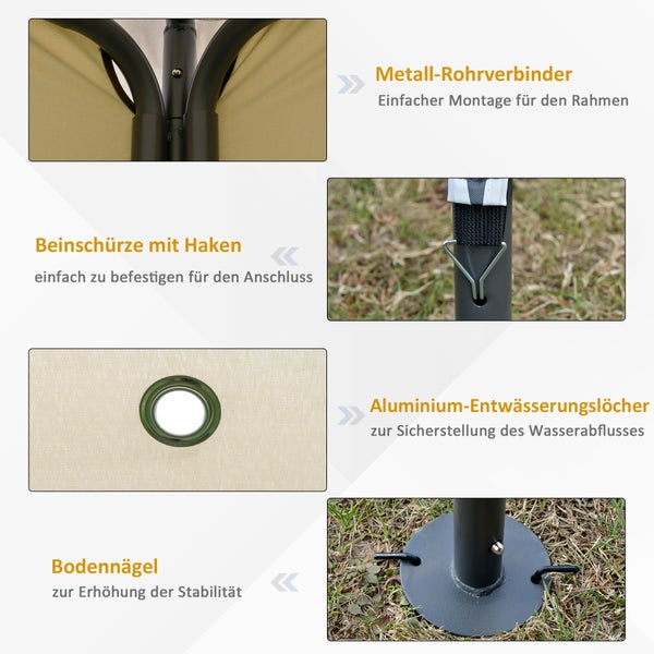 Details eines Pavillons: Metallrohrverbinder, Beinschürze mit Haken, Aluminium Entwässerungslöcher und Bodennägel zur Erhöhung der Stabilität.