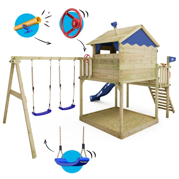 WICKEY Spielturm Klettergerüst Smart Coast mit Schaukel und Rutsche, Stelzenhaus mit Sandkasten, Kletterleiter und Spiel-Zubehör - blau