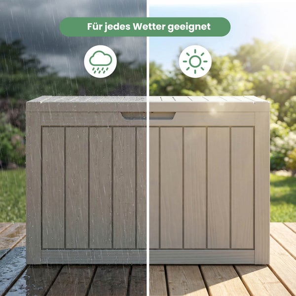 Gartenbox im Einsatz bei Regen und Sonnenschein, Symbole für Wetterfestigkeit und UV-Beständigkeit.