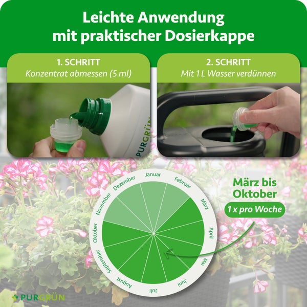 Anwendung von Purgrün Dünger: 5 Milliliter abmessen, in 1 Liter Wasser verdünnen. Anwendung März bis Oktober einmal wöchentlich. Purgrün Logo.