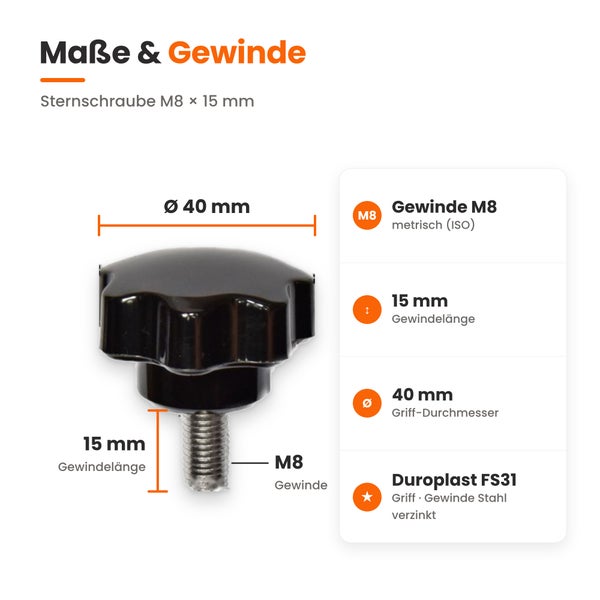 Technische Zeichnung einer Sternschraube M8 mal 15 Millimeter mit Maßangaben zu Gewindegröße, Gewindelänge, Griffdurchmesser und Materialinformation.
