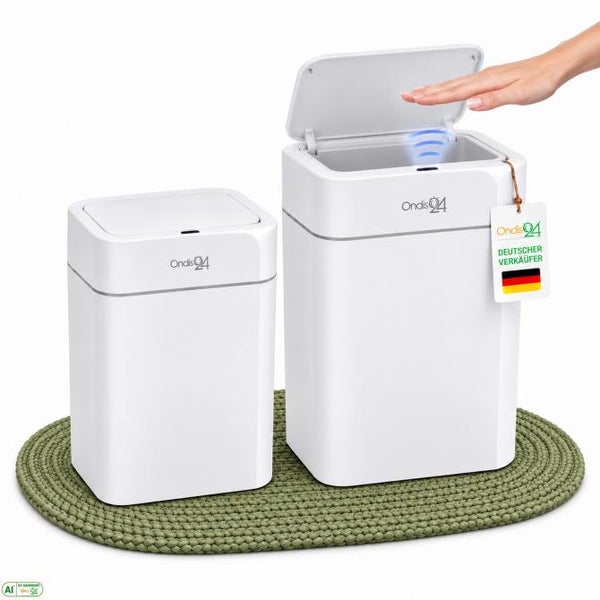 Automatischer Abfalleimer von Ondis 24 mit 16 Liter Volumen, Sensorsteuerung, Soft Close Funktion und 26,5 mal 20,2 mal 36,5 Zentimeter Größe.
