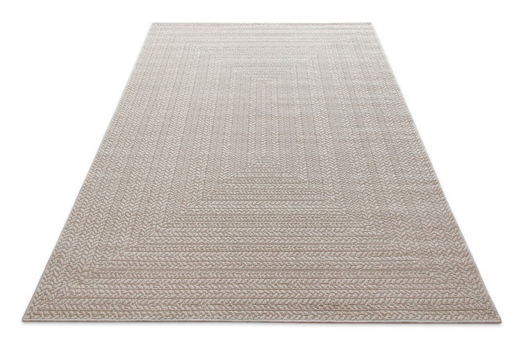 Beiger flachgewebter Teppich mit strukturierter Oberfläche und dezentem Rahmenmuster.