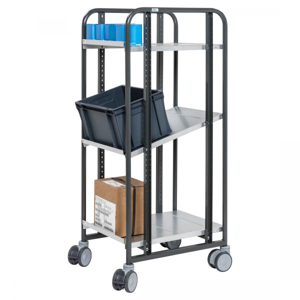 Rollregal mit Fachböden und diversen Artikeln