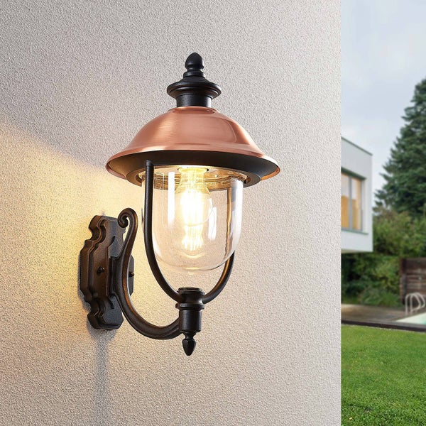 Lindby Wandleuchte außen (Laterne) Clint (spritzwassergeschützt (Retro, Vintage Antik) in Kupfer aus Aluminium (1 flammig E27) - Außenwandleuchten Wandlampe Led Außenlampe Outdoor für