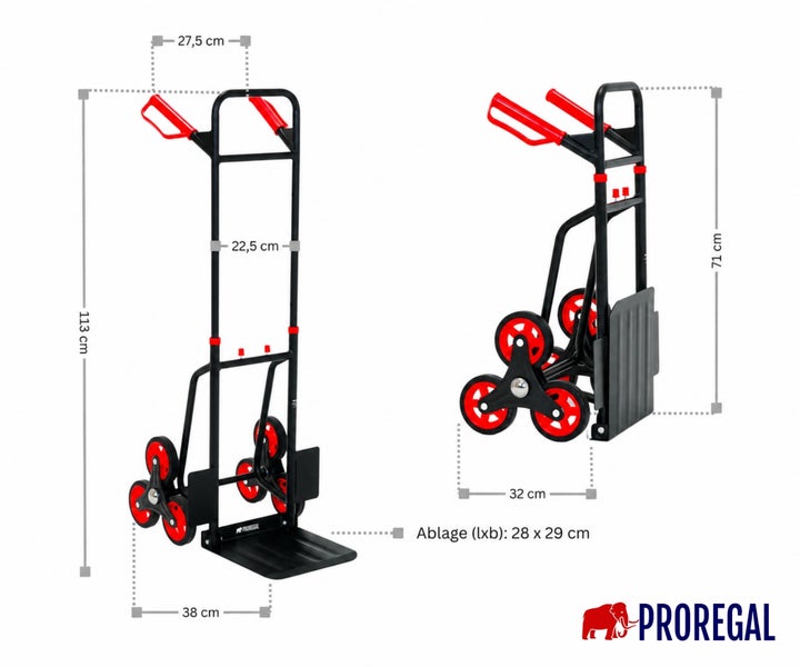Proregal Treppensteiger Sackkarre mit drei Rädern pro Seite und klappbarer Ladefläche inklusive Maßangaben.