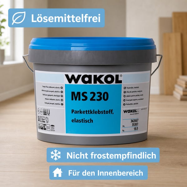 Wakol MS 230 Parkettklebstoff, elastisch, 18 Kilogramm, lösemittelfrei, nicht frostempfindlich, für den Innenbereich.