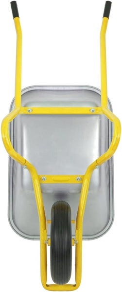 Schubkarre mit Metallwanne und gelbem Gestell