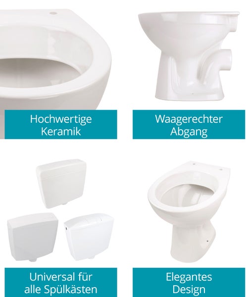 Calmwaters® Weißes Stand WC Universal als Tiefspüler, waagerechter Abgang, Toilette mit Spülrand, hygienische Sanitärkeramik, Standard-Form, WC Wandablauf, Weiß, 07AB2318