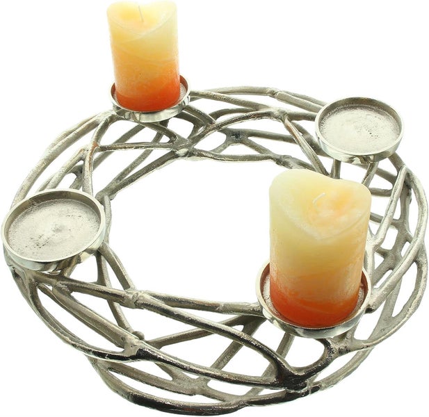 Dekoleidenschaft Tischkranz Advent aus Aluminium in Antik Optik, silber, Adventskranz Ø 40 cm, Kerzenhalter für 4 Kerzen