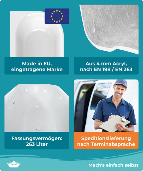 Calmwaters® Vorwand-Badewanne 180x80 cm Komplettset Seamless Comfort, fugenloses Design, vormontiert mit Schürze & Ablaufgarnitur, rechte Ausführung, Made in EU, Acryl, 02SL6222