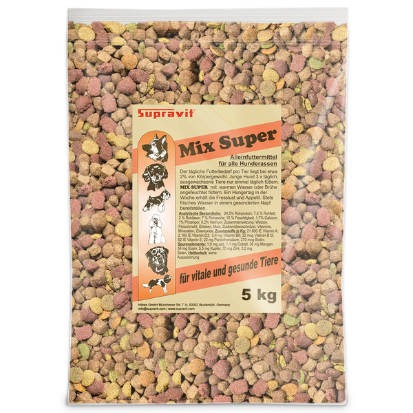 Supravit Mix Super Hundefutter für alle Rassen, 5 Kilogramm Beutel mit bunt gemischtem Trockenfutter.