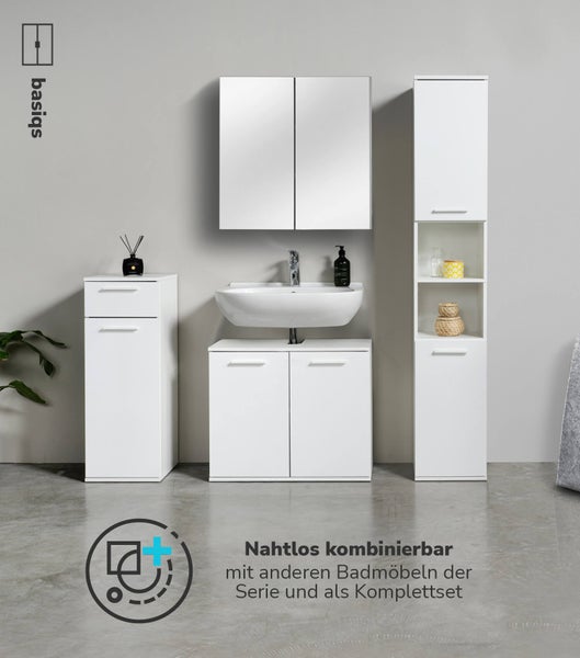 Badezimmer-Set mit Waschtisch, Spiegelschrank, Unterschrank und Hochschrank in weißem Design