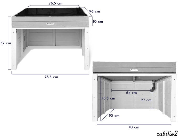 Wondermake Hochbeet und Mährobotergarage cubilio2 aus Holz mit Maßangaben in Zentimetern für Außenmaße und Innenraum sowie Wondermake Logo.