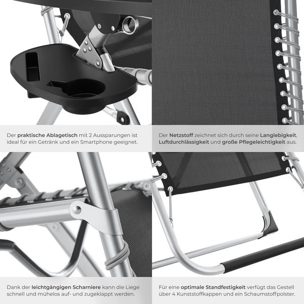 Detailansicht eines Liegestuhls mit Ablagetisch, Netzstoff, Scharnieren und Kunststoffkappen
