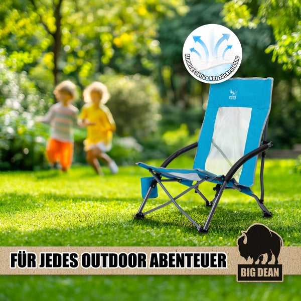 Campingstuhl mit atmungsaktiver Netzrückenlehne im Outdoorbereich