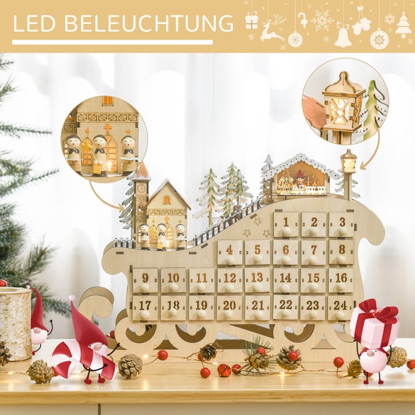Weihnachtlicher Adventskalender aus Holz in Schlittenform mit 24 Schubladen und integrierter LED-Beleuchtung einer Winterszene.