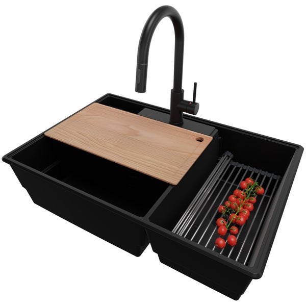PRIMAGRAN Granitspüle Alles Schwarz 78x53cm, Spülbecken 2 Becken + Küchenarmatur 40x20cm + Ablauf-Set + Küchenzubehörset, Küchenspüle ab 80er Unterschrank - Paris