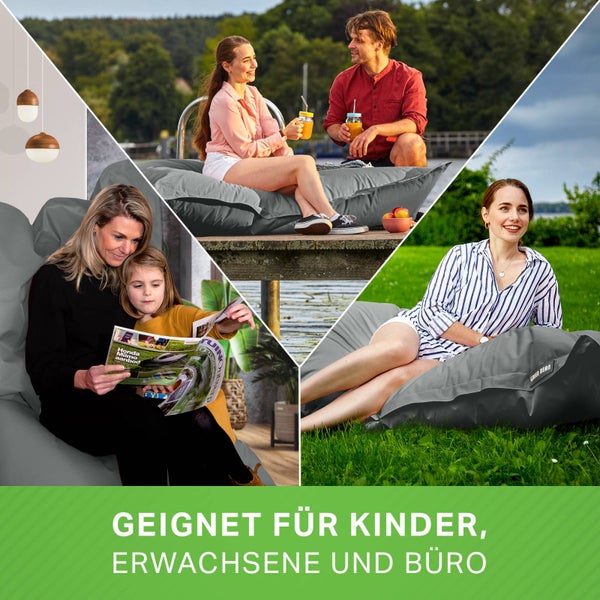 Green Bean Sitzsack 120x160cm 270 Liter Kinder & Erwachsene Bean Bag EPS Perlen Füllung Riesensitzsack Groß Draußen Outdoor Liegekissen Waschbar Wetterfest Lounge Chair Sitzkissen Bodenkissen Grau