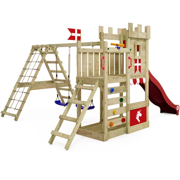 WICKEY Spielturm Ritterburg DragonFlyer mit Schaukel und Rutsche, Spielhaus mit Sandkasten, Kletterleiter und Spiel-Zubehör - rot