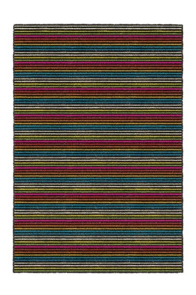Rechteckiger Teppich mit bunten horizontalen Streifen.