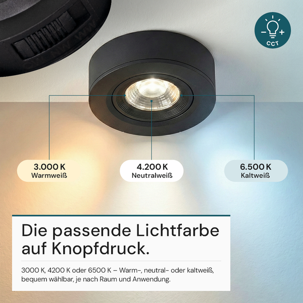Schwarzer LED Einbaustrahler mit verschiedenen Lichtfarben
