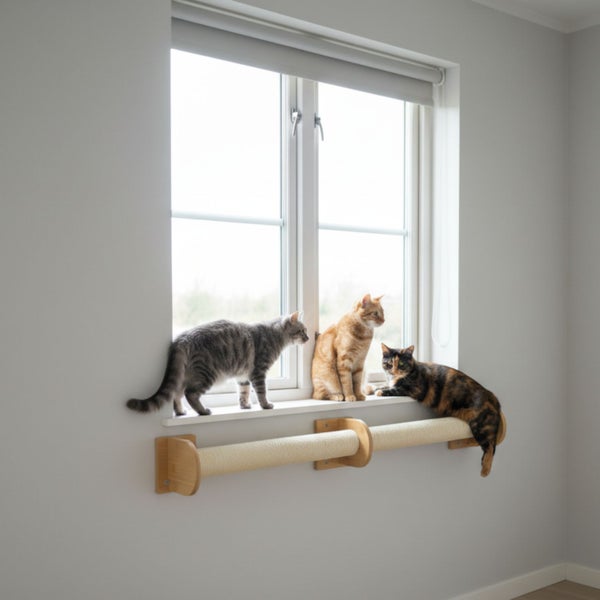 Drei Katzen sitzen auf einer Fensterbank über einem montierten Kratzstamm aus Holz und Sisal an einer hellen Innenwand.