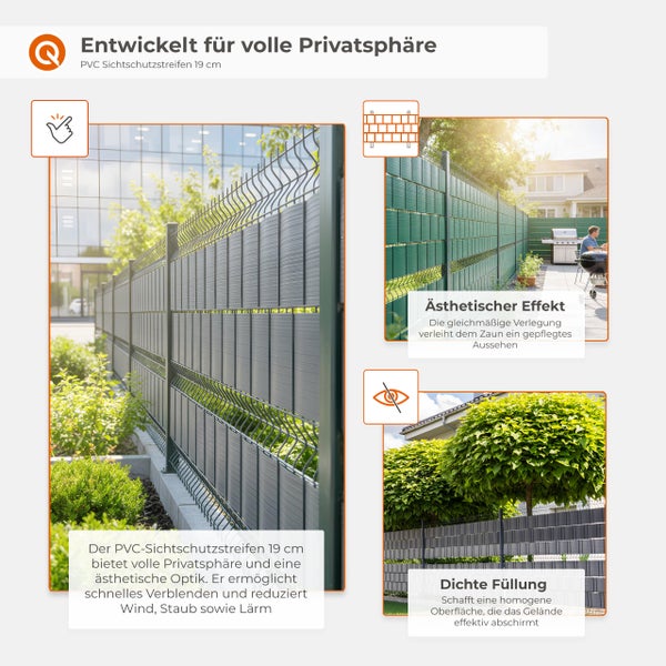 Gittermattenzaun mit 19 Zentimeter breiten Sichtschutzstreifen aus Kunststoff zur Wahrung der Privatsphäre und als Windschutz.
