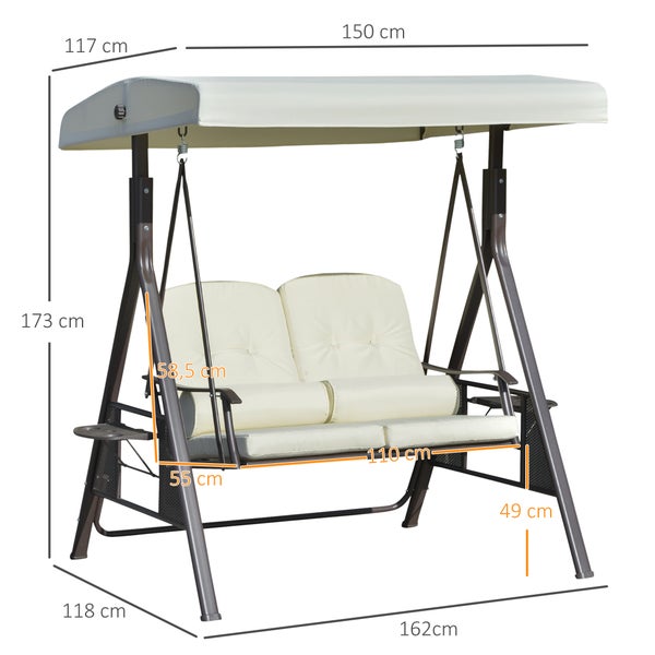Outsunny 2-Sitzer Hollywoodschaukel, Gartenschaukel mit Sonnendach, 162 x 118 x 173 cm, Metall, Polyester, Beige