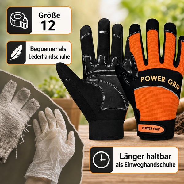 Power Grip Arbeitshandschuhe in Größe 12, strapazierfähige Montagehandschuhe mit hohem Tragekomfort im Vergleich zu Leder- und Einweghandschuhen.