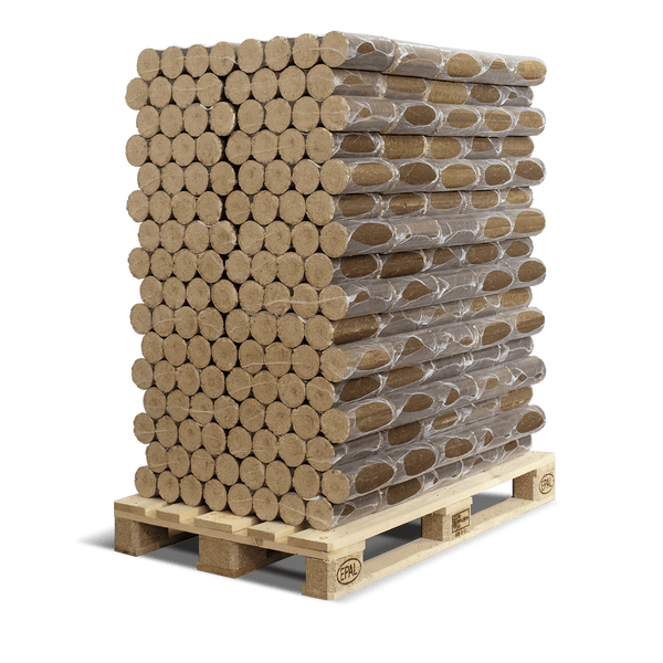 Holzbriketts rund, auf Palette gestapelt, in Folie verpackt.