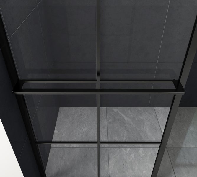 Detailansicht einer Duschkabine mit Glaswänden und dunklem Rahmen