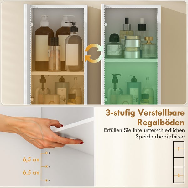 Badezimmerschrank mit dreistufig verstellbaren Regalböden im Abstand von sechs komma fünf Zentimetern für Kosmetikartikel.