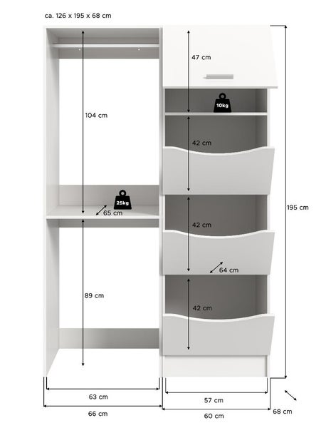 Maßzeichnung eines Kleiderschranks mit Kleiderstange und Schubladen, Maße in Zentimeter angegeben.