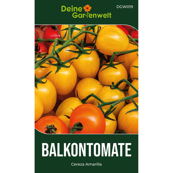 Samentüte für Balkontomate Cereza Amarilla von Deine Gartenwelt mit einer Abbildung von Tomaten an der Rispe.