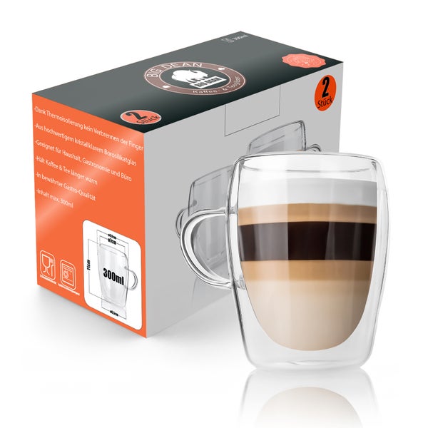 Doppelwandige Gläser 2er-Set aus Borosilikatglas, 300 Milliliter, für Kaffee und Tee, Big Dean.
