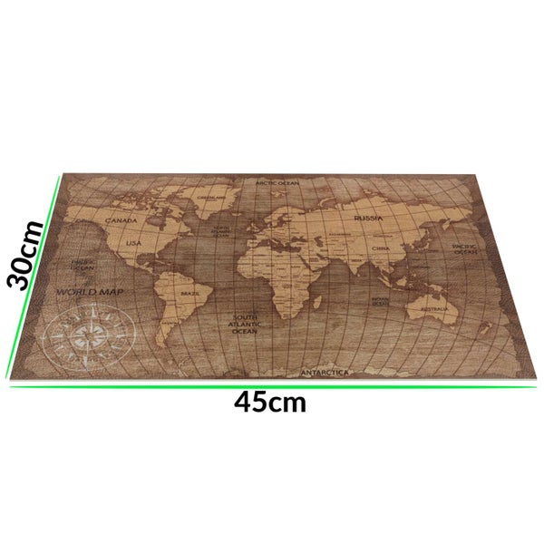 Wandbild Weltkarte im Vintage-Holzdesign, Breite 45 Zentimeter, Höhe 30 Zentimeter.